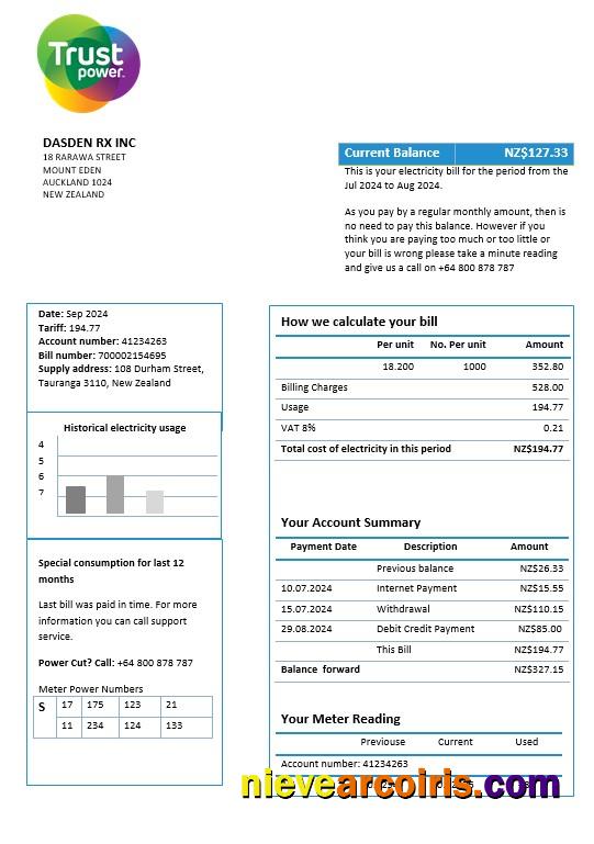 New Zealand Trustpower business utility bill